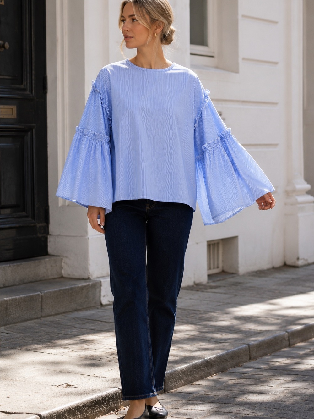 DRA LOS ANGELES Blue and White Coastal Pinstripe Statement Bell Sleeve Blouse, S